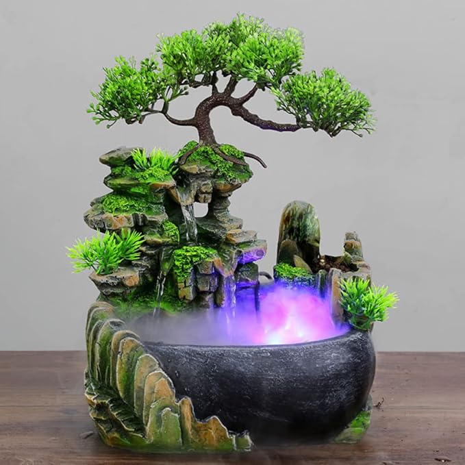 Tabletop Fountain, Atomizing Desktop Humidifier with Rockery & Bonsai, Zen Meditation Indoor Relaxation Waterfall Feature, Illuminated Waterfall Fountain Indoor for Home Office Bedroom Desk Decor