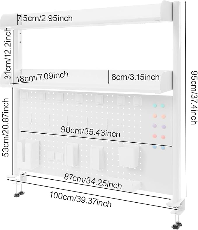 Clamp on Desk Shelf with Pegboard, Desk Extender Pegboard Workstation, Desktop Bookshelf Storage Shelves for Home Office Dorm, 37.4in (White)