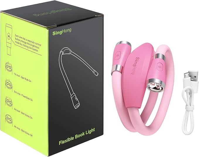 Neck Book Light, LED Reading Lamp, USB-C Rechargeable, Hands Free, 4 LED Bulbs, 4 Adjustable Brightness, for Reading in Bed or Reading in Car Lamp (Pink)