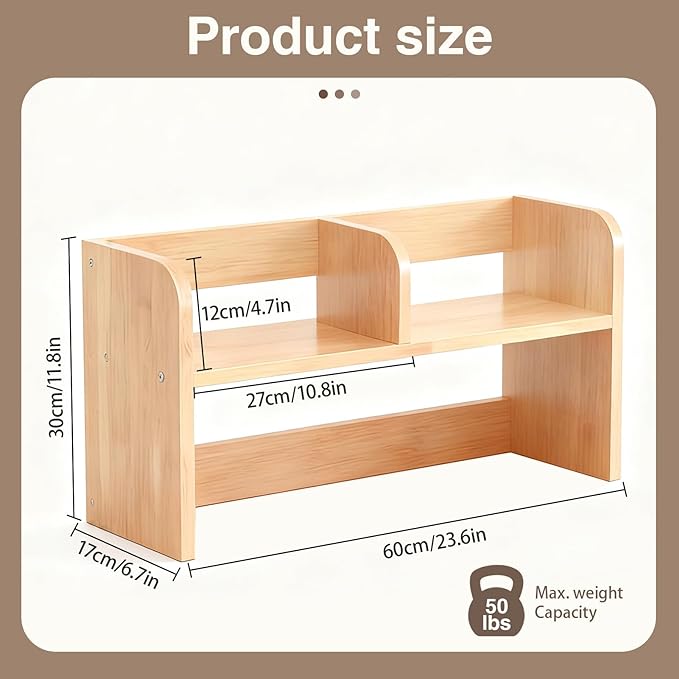 Wood Desk Hutch, Desktop Shelf Organizer with 2-Tier Multipurpose Desk Organizer for Top of Writing Desk, Wooden Book Shelf for Dorm & Office, Natural