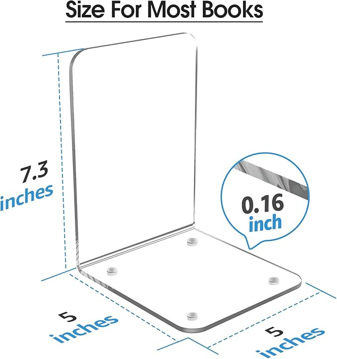 MaxGear Acrylic Bookends - Clear Decorative Heavy Duty Non-Skid Book Stoppers (6 Pieces, Large)