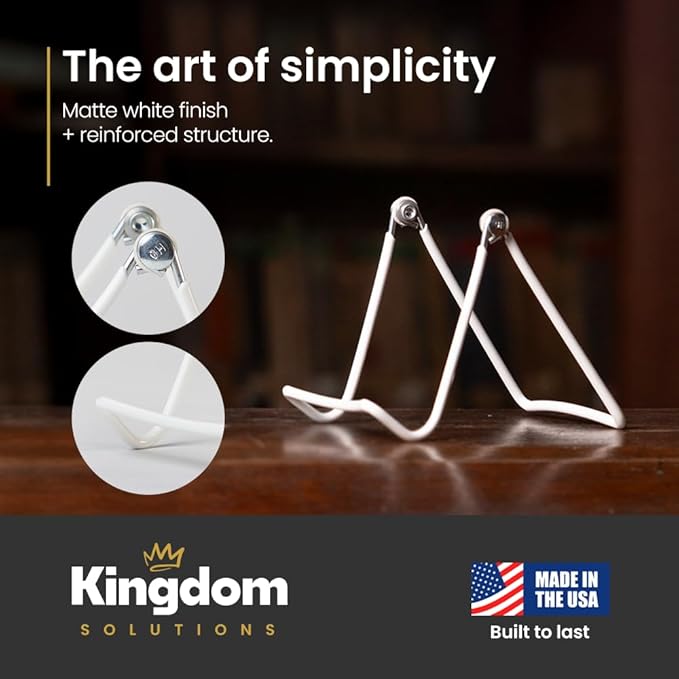 KINGDOM SOLUTIONS MADE IN USA 2-Pack Adjustable White Metal Easels - Book Stand - Sturdy Plate Stand for Art, Pictures, Books, Frames - Unique on the Market