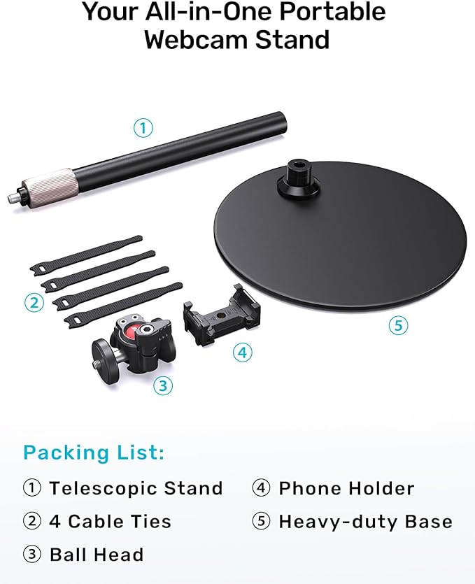 Webcam Stand for Desk, with 360 Ballhead, Heavy Base Height Adjustable Tripod for Logitech Webcam C922 C930e C920 C615 C960 C920x BRIO 4K NexiGo N60, Phone Mount, Gopro with 1/4" Thread