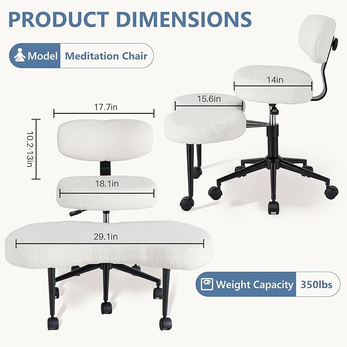 DUMOS Ergonomic ADHD Cross Legged Office Desk Chair with Adjustable Backrest, Height Adjustable Meditation Chair with 360° Swivel Footstool, Teddy Fabric Yoga Stool for Home Office, Bright White