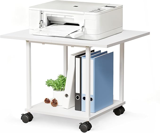 BEWISHOME 2-Tier Industrial Mobile Printer Stand, Rolling Cart with Storage Shelf, Lockable Wheels, for Home, Office (White) BDZ01W