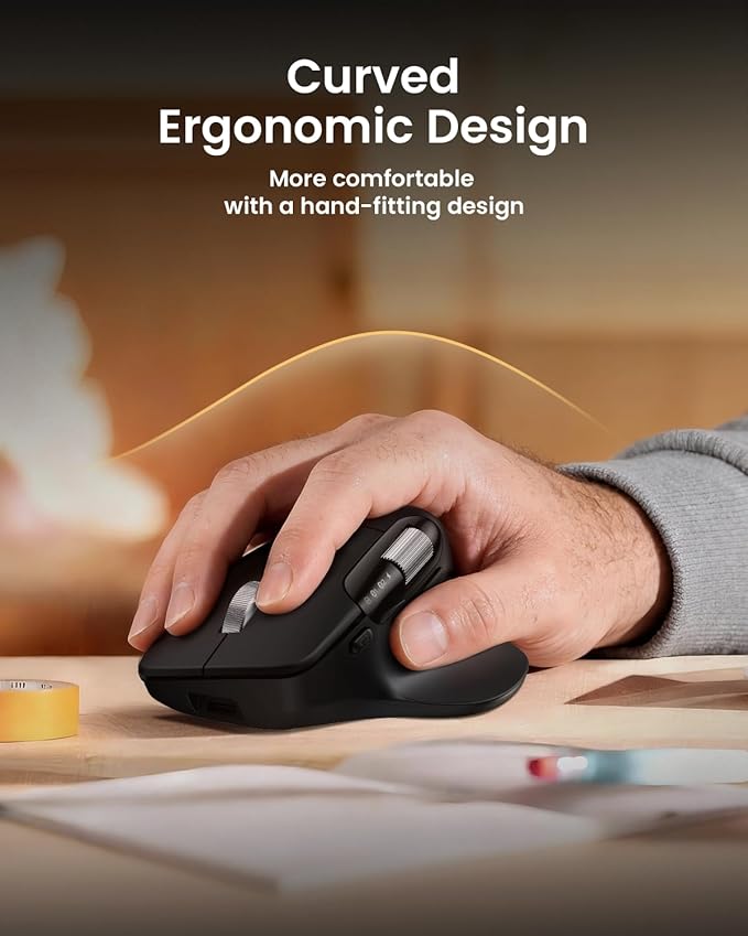 ProtoArc Ergonomic Wireless Mouse, EM25 Fast Scrolling & Side Scroll, Customizable Bluetooth Rechargeable Mouse, 8000 DPI for Medium to Large Hands, Compatible with Windows/Mac/Android, Black