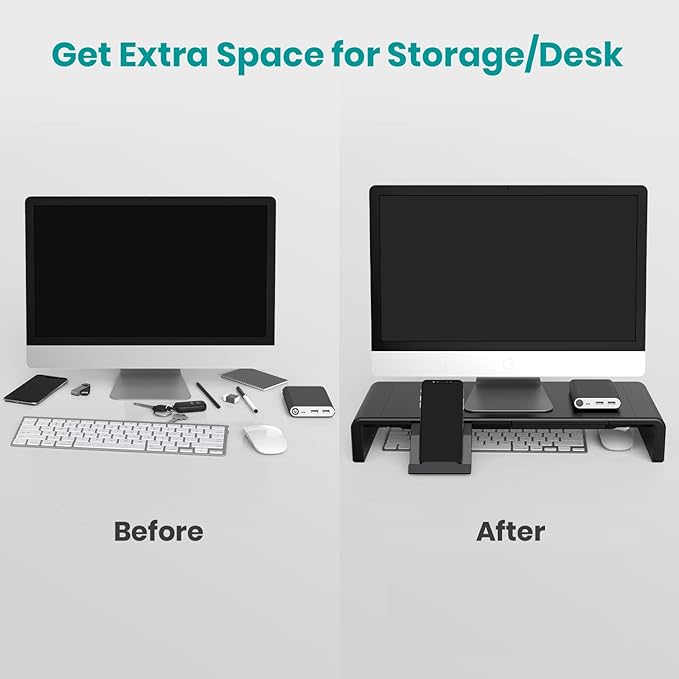 Monitor Stand Riser, Klearlook Foldable Computer Monitor Riser, Height Adjustable Computer Stand, Desk Shelf Riser with Storage Drawer & Tablet Phone Stand for Computer, Desktop, Laptop (Black 2 Pack)
