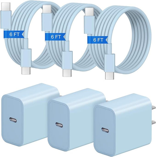 iPhone 17 16 15 Charger Fast Charging 3+3Pack 20W USB C Wall Charger with 6FT Fast Charging Cable Compatible with iPhone 17/17 Air/17 Pro/17 Pro Max/iPhone 16/15 Series, iPad Pro/AirPods -Blue