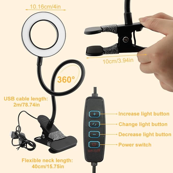 5X Magnifying Glass with Light, 3 Color Modes LED Desk Lamp, Clip on Lamp Lighted Magnifier, 360° Flexible Neck Magnifying Lamp for Workbench Craft Repair Sewing, USB Powered(Color:Black)