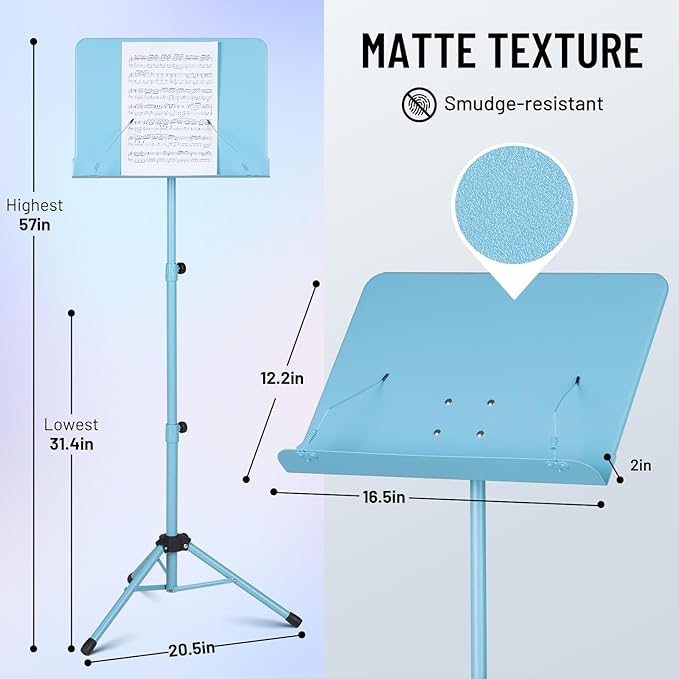 CAHAYA Sheet Music Stand & Tabletop Music Stand Solid Back with Carrying Bag for Books Notes Laptop Tablet Blue CY0194-3