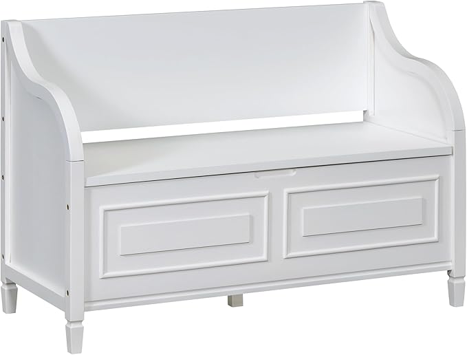 SOFTSEA 41.9" Storage Bench with Back, Entryway Shoe Bench with Cushion & Lift Top Storage, Rustic Shoe Storage Cabinet with Cushioned Seat for Entryway, Bedroom, Living Room (White)