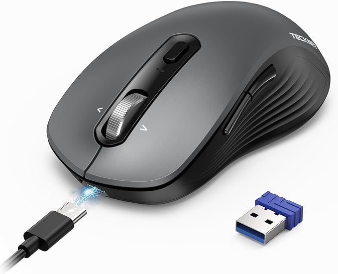 TECKNET Rechargeable Bluetooth Mouse, [ USB + BT5.0 + BT3.0 ] Wireless Mouse, Ergonomic 4-Way Scroll Wheel Computer Mice, 6-Level 4800 DPI Silent Mice, Multi-Device for Computer/Laptop/MacBook (Iron)