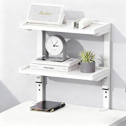2-Tier Desk Shelf, Expandable Under Desk Storage, Clamp on Desk Shelf, Desktop Accessories for Offices, Study Rooms, and Game Rooms (White)