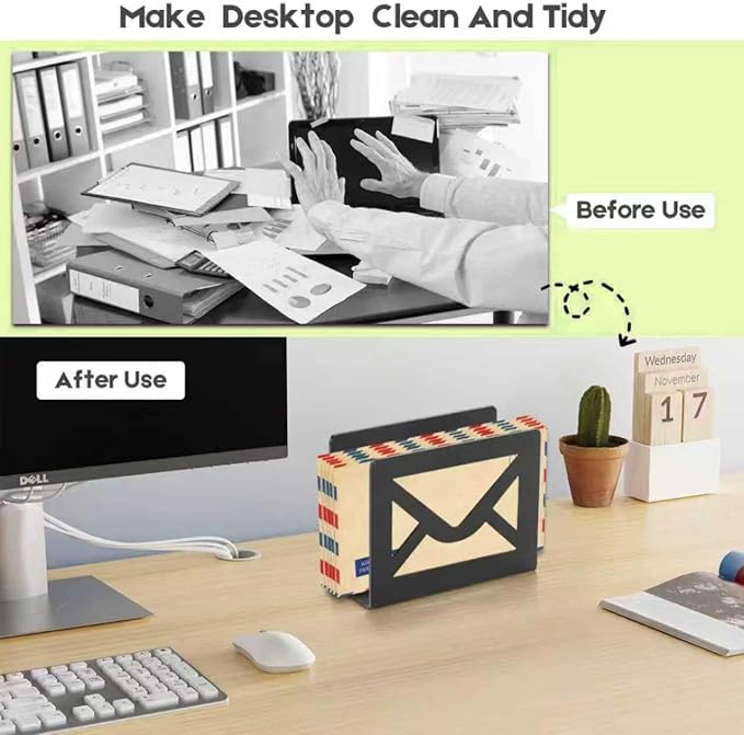 Desktop Letter Holder, Metal Desktop Mail Holder with Cutout Envelope Design,Letter Organizer Sorter for Desk, Desk Envelope and Document Storage Rack