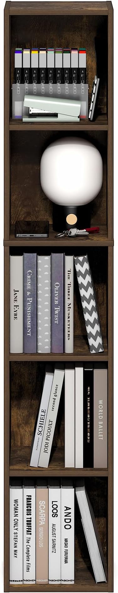 Furinno Fulda Book Shelf, 5-Tier Tall Narrow Bookshelf, Standing Bookcase with 10-in Width Storage Shelf, 9.3 x 9.8 x 51.9, for Organization Storage, for Living Room, Bedroom, Home Office, Amber Pine