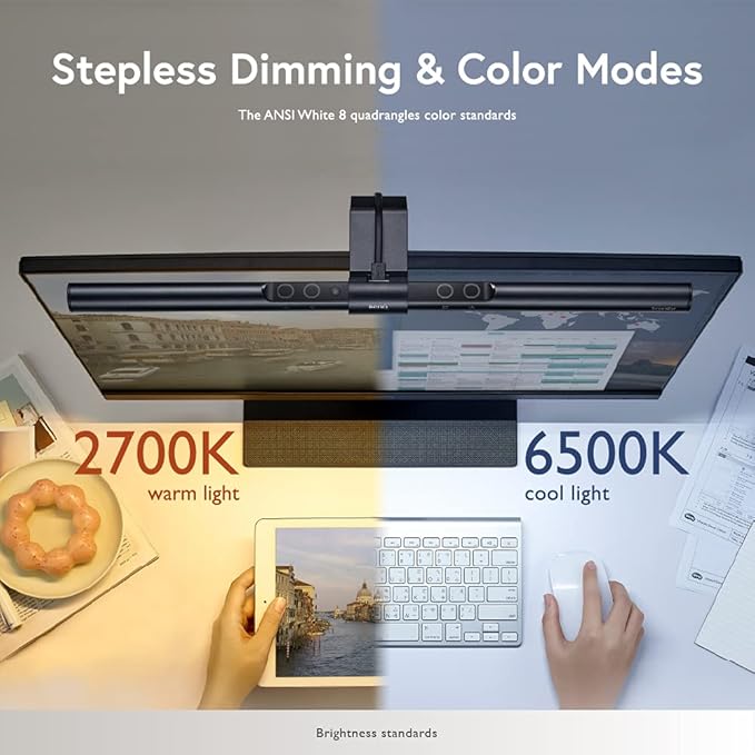 BenQ Screenbar E-Reading LED Computer Monitor Light Lamp with Auto-Dimming and Hue Adjustment Features, Matte Black USB Powered Office Lamp (ScreenBar_Black) Complements with Backlight/RGB setups