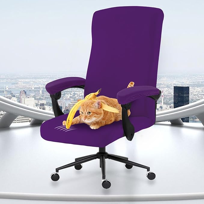 Stretch Computer Office Chair Cover with Armrest Covers Durable Zipper Universal Washable Removable Spandex Rotating Boss Chair Slipcovers Anti-dust Soft Desk Chair Seat Protector (Purple)