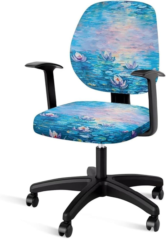 Water Lily Office Chair Covers 2 Piece Stretchable Office Chair Seat Cover Universal Desk Rotating Chair,Computer Chair Washable Chair Cover Decorative for Women Purple