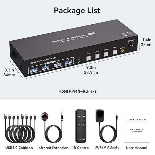 4 Port Dual Monitor HDMI KVM Switch 4 Computers 2 Monitors 8K 60Hz 4K 120Hz KVM Switches for Four PC Share Four USB 3.0 Devices Support Copy and Extend Mode 23CM Longth