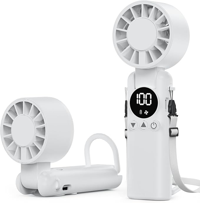 AILBTON Portable Handheld Fan, 5000mAh Rechargeable Mini Personal USB Fan with LED Display & Foldable Design, 199-Speed Powerful Battery Operated Travel Fan for Women, Outdoor, Office White