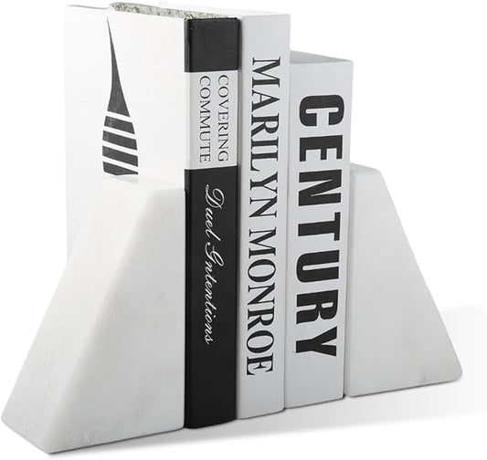 Karibiber Marble Book Ends Decorative, Unique Bookends for Shelves, White Stone Bookends Holds Heavy Books, Weighted Book Holder Stopper for Home Office Desk Bookshelf Decoration, Set of 2