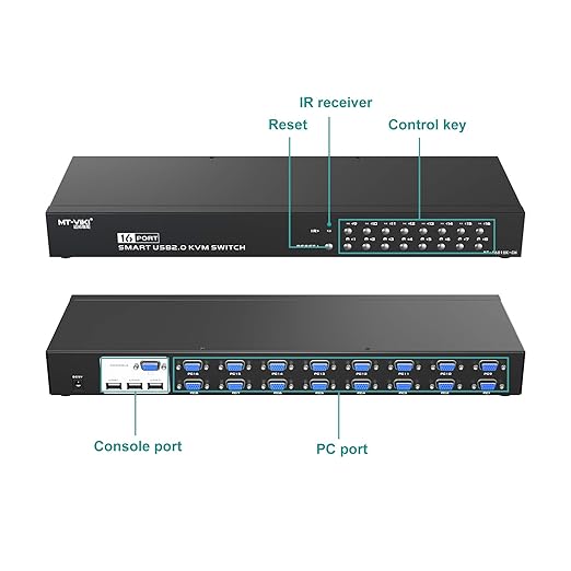 MT-VIKI 16 Port KVM Switch, 16X1 Rackmount KVM Switch VGA, Included 16 KVM Cables & Remote, Fit 1U 19'' Rack