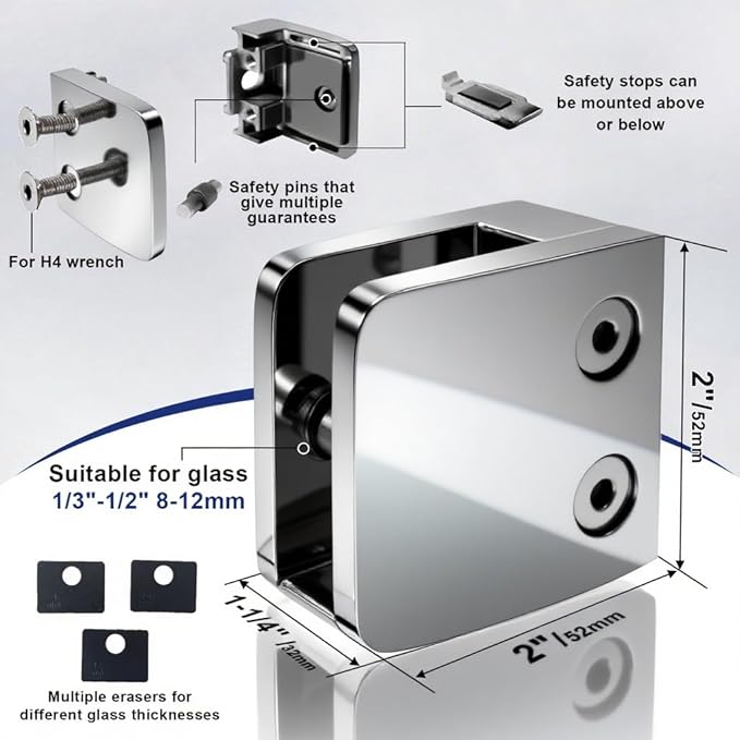 Glass Clamp - 4PCS Bracket for 1/3"-1/2" Tempered Glass, Stainless Steel 304 Flat Back Square Clip for Balustrade, Staircase, Handrail, Holder Metal Casting Mirror(LIUCHONGYANG99)