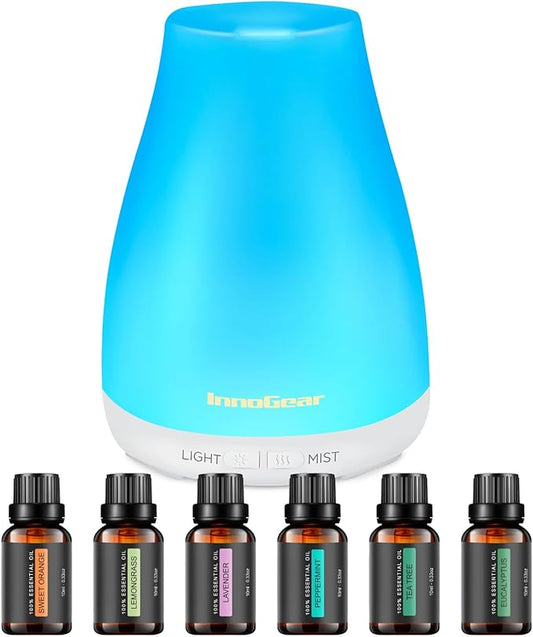 InnoGear Essential Oil Diffuser with Oils, 100ml Aromatherapy Diffuser with 6 Essential Oils Set, Aroma Cool Mist Humidifier Gift Set, White