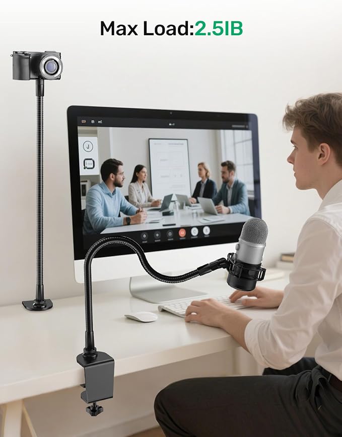 19 Inch Webcam Stand Camera Mount with Upgraded C-Clamp, Adjustable Flexible Gooseneck Arm Tripod for Desk Mount for Logitech C930e C930 C920 C922x C922 Brio 4K C925e C615, Gopro, Max Load 2.5 lb