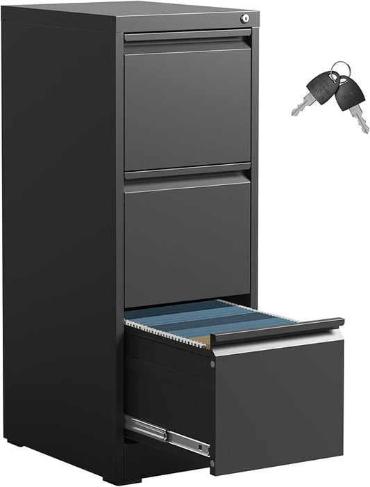 IKIMI 3 Drawer File Cabinet,Metal Filing Cabinets for Home Office,Vertical File Cabinet with Lock,Heavy Duty Metal Storage Cabinet for A4/Letter/Legal Size Files,Assembly Required