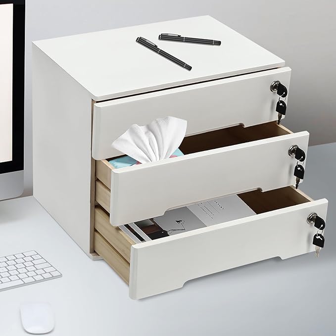 Wooden Desk Organizer with Drawers & Lock, Desktop Countertop Storage Cabinet Lockable Home Office Supplies File Tabletop Organizing Unit (3 Drawers - Modern White)