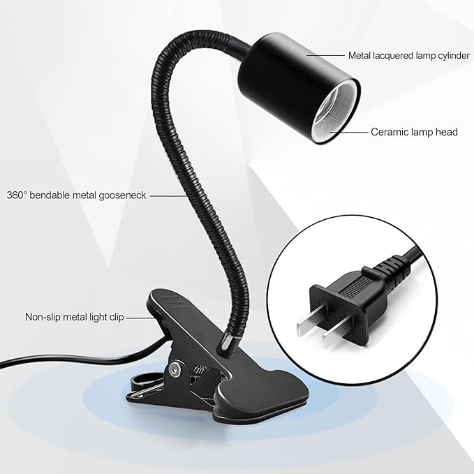 Clip on Light E26/E27 Metal Clamp Light Socket with Plug and Switch 360° Flexible Rotatable for Bedside Office Basement Reptile Plant Illumination Clip Lamp Black (No Bulb)
