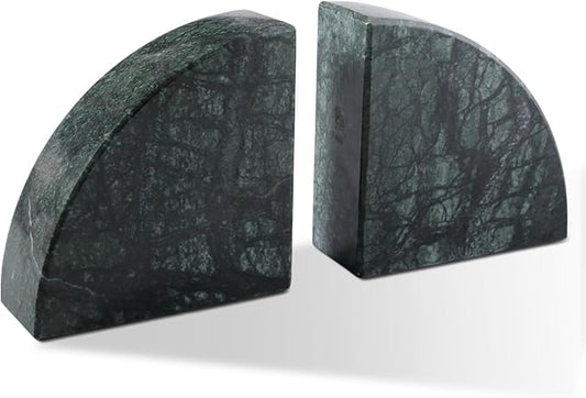 Karibiber Marble Bookend for Shelves, Non-Skid Bookends for Heavy Books, Heavy Duty Book Stopper for CDs, Luxury Book Shelf Holder, Quarter Circle Design Book Ends Decorative, Indian Green, Set of 2