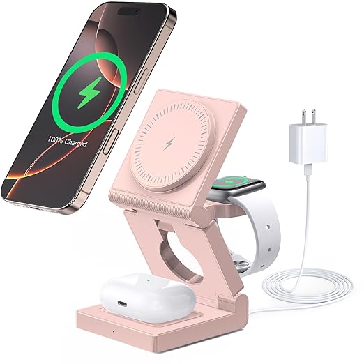 3 in 1 Wireless Charging Station for Apple Multple Devices - Foldable Magnetic Wireless Charger Dock -Travel 18W Charging Pad for iPhone 16 15 14 13 12 Pro/Pro Max/Plus/Watch & Airpods All Series Red