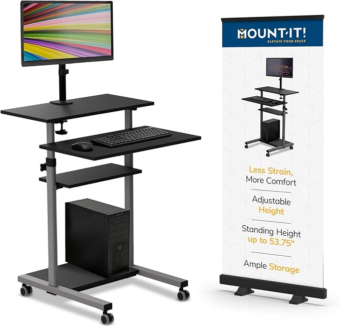 Mount-It! Mobile Computer Cart with Monitor Mount for Screen up to 32", Portable Desk on Wheels, Rolling Laptop Stand Teachers, Office, Classroom, Rise up to 53", Projector, Podium, Keyboard Tray