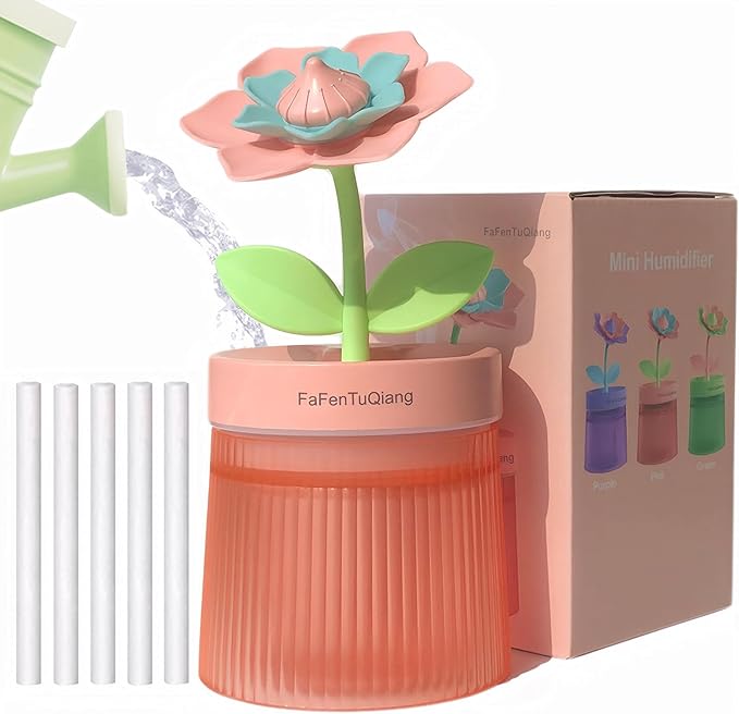 Bedroom Mini Humidifier Cute, Auto Shut Off 260ml With Flower, Cool Mist, 7 Colors Night Light, Quiet, Portable Ultrasonic Essential Oil Diffuser for Plants Office Travel