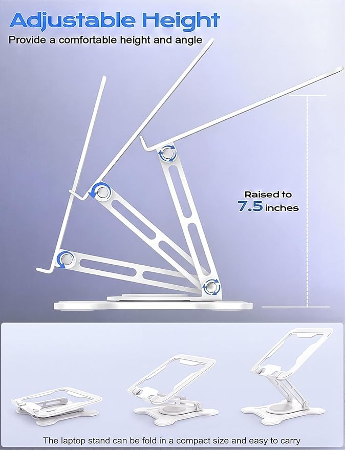 JCZT Adjustable Laptop Stand for Desk, 360° Rotating Base Ergonomic Computer Stand, Laptop Riser Foldable Protable for Office Home Fits Compatible with MacBook Pro/Air Notebook up to 10-16" White