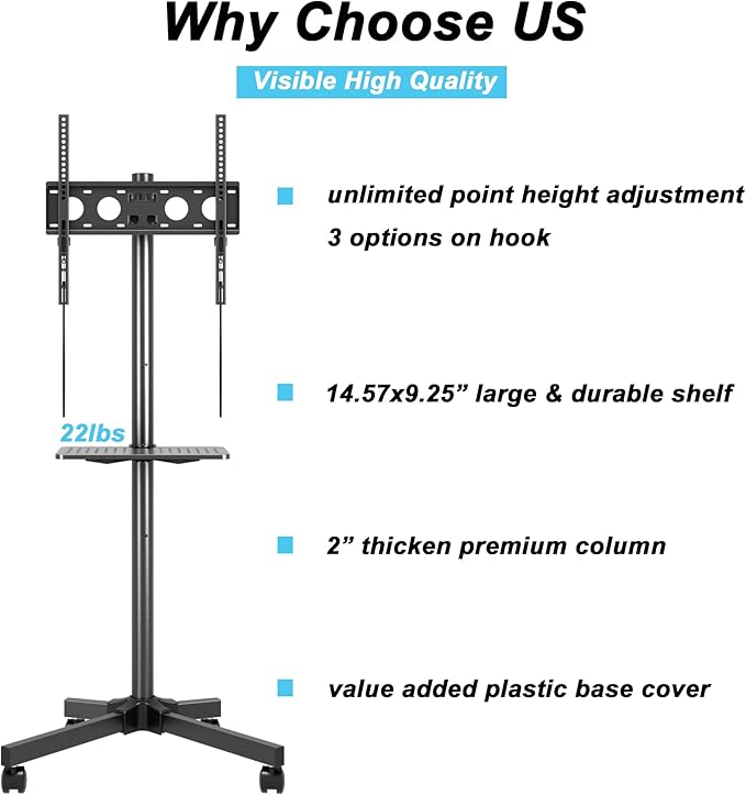 Mobile TV Carts on Wheels for 21-60 Inch Flat/Curved Panel Screens TVs - Height Adjustable Floor Trolley Stand with Shelf Holds up to 77lbs - Max VESA 400x400mm