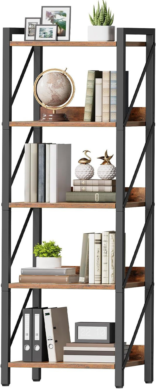 HOOBRO Bookshelf, 5-Tier Industrial Bookcase, Book Shelf Storage Organizer, Tall Bookshelf with Metal Frame for Living Room, Bedroom, Home Office, Kitchen, Rustic Brown and Black BF73SJ01