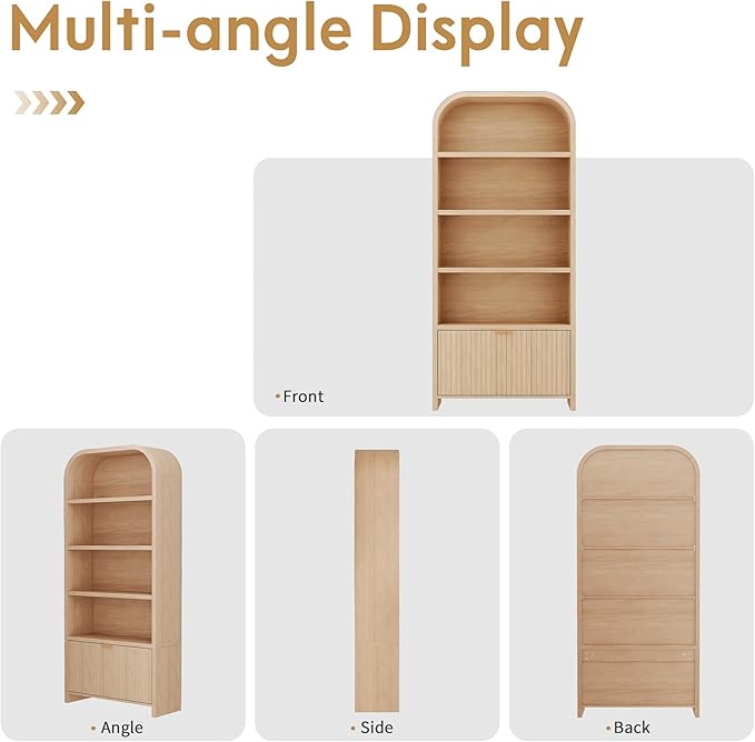 LEVNARY Arched Bookcase with Drawer, 70" Tall 5-Tier Bookshelf with Fluted Carved Drawer, Freestanding Display Storage Cabinet for Living Room Bedroom Home Office (Natural)