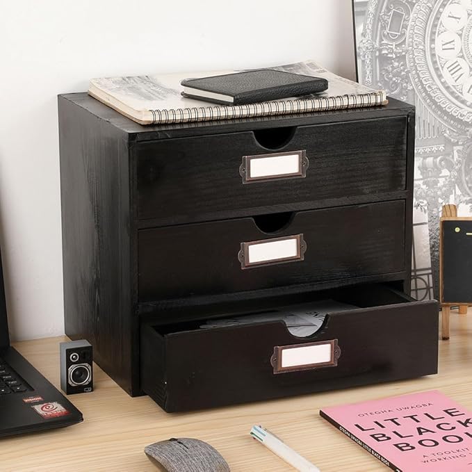 Wooden Storage Box Rustic Desktop Organizer with 3 Drawers Office Desk Accessories Shelf Large Craft Storage Containers Apothecary Cabinet and Chest Jewelry Holder for women(BLACK)