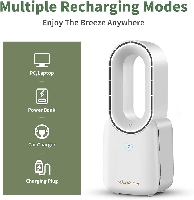 Misby Rechargeable Desk Fan, 5-color LED Light Bladeless Table Fan of 11.8 Inch, White Desk Fans Small Quiet for Bedroom, Home, Office