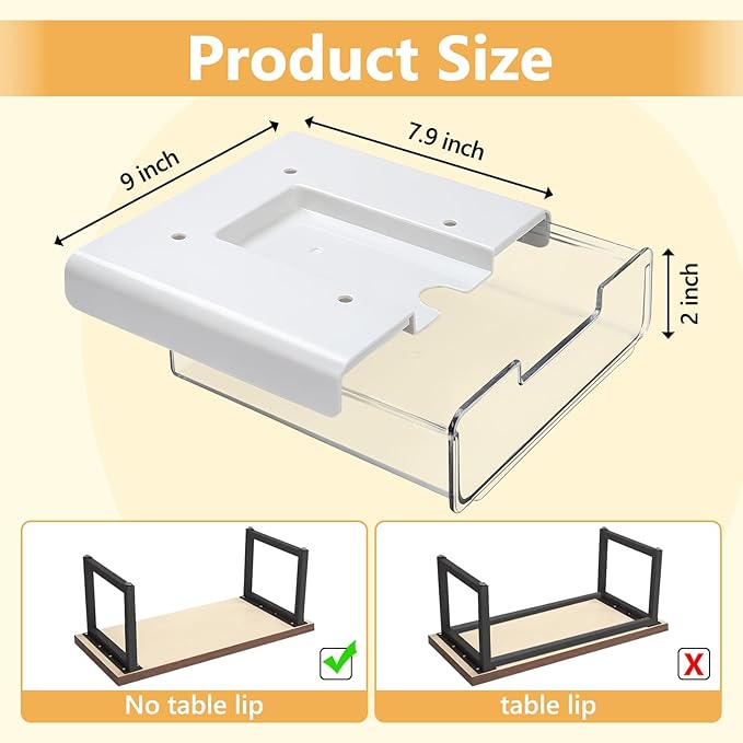 Under Desk Storage Drawers Large Self-Adhesive Easy Hidden Desktop Organizer, Attachable Clear Acrylic Storage Tray Under Table Drawer for Home Office School Counters Workstation, 2 Pack