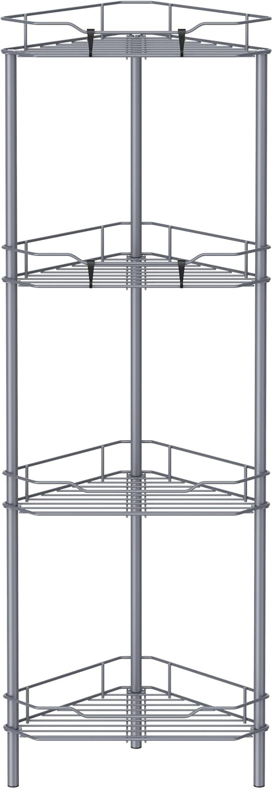 HuggieGems 4 Tier Floor Standing Corner Shower Caddy Organizer Shelf with Hooks, Bathroom Shelves Stand Rack, Dark Gray