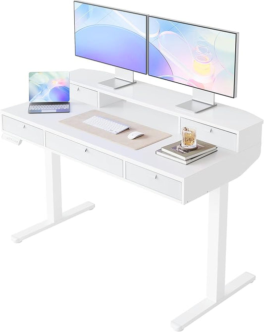 HUANUO 48 x 24 inch Electric Standing Desk with 4 Drawers, Adjustable Height Sit Stand Home Office Desk, C-Clamp Mount Compatible, Ergonomic Stand up Desk with 4 Preset Heights, White
