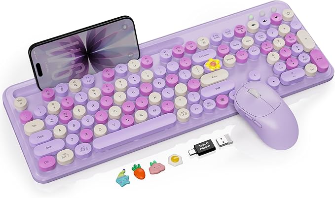 Wireless Keyboard and Mouse Combo with Phone/Tablet Holder, Full-Size Typewriter Keyboard, Retro Round Keycaps, 3-Level DPI Mouse, 2.4GHz Cordless Connection for Windows/PC/Laptop (Lavender & Cream)