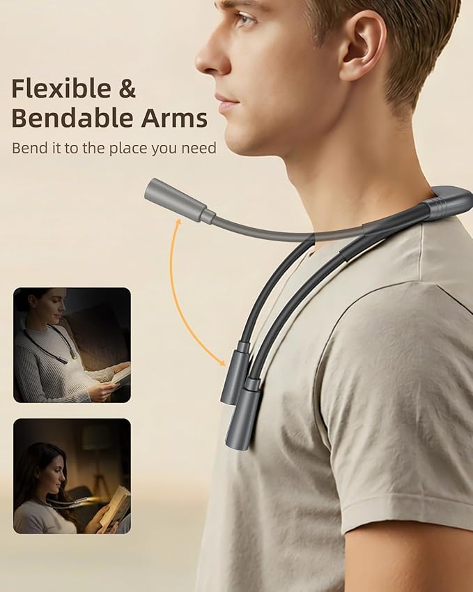 Book Light, 3-Color and Brightness Adjustable Reading Light, Rechargeable and Bendable Round Neck Design, 100hrs Runtime, Perfect Reading Lamp Gifts for Books Lovers, Knitting,Repairing,Working (Gray)