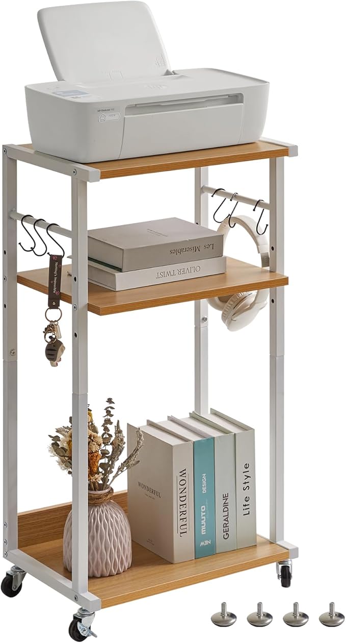 YMYNY Mobile Printer Stand, 3-Tier Printer Cart with Adjustable Storage Shelf and 6 S-Hooks, Tall Printer Table for Home Office, for Computer Tower Stand, Shredder, CPU Stand, Natural, UHPT002N