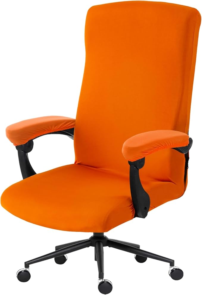 Stretch Computer Office Chair Cover with Armrest Covers Durable Zipper Universal Washable Removable Spandex Rotating Boss Chair Slipcovers Anti-dust Soft Desk Chair Seat Protector, Orange