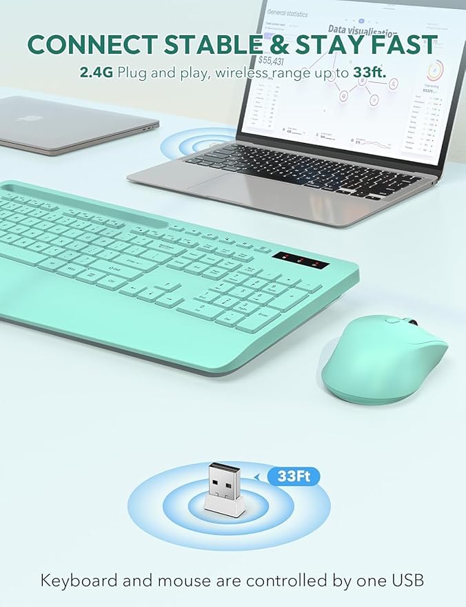SABLUTE Wireless Keyboard and Mouse, Wrist Rest, Phone Holder, Batteries Included, 2.4G Lag-Free Ergonomic Keyboards Mouse Combo, KM23D Silent Keyboards Set for PC, Laptop, PC, Windows, Mint Green